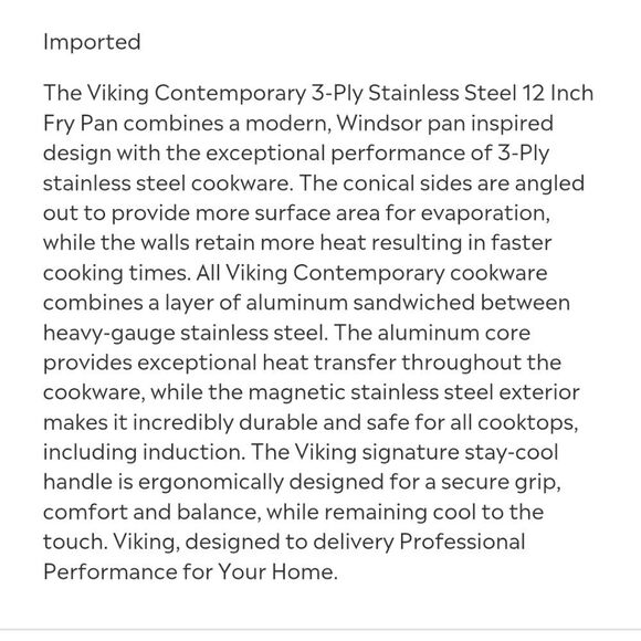 Viking 3-Ply 304 Stainless Steel w/Aluminum Core 12" Fry Pan - Picture 8 of 11